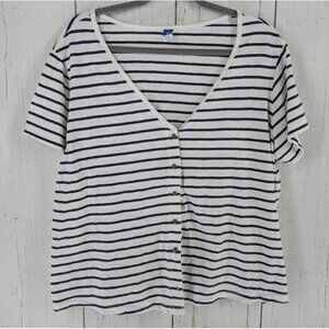 Old Navy Size XXL Blue White Stripe V Neck Button Short Sleeve Casual Top‎